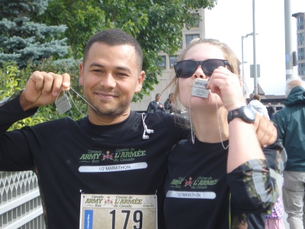 Me and my running newbie congratulate ourselves. Omar finished about 30 minutes faster than me, but stuck around in true Running Room fashion