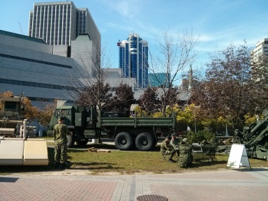 The trucks and tanks at kit pick-up/the expo