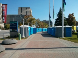 You know there's a half-marathon in town when suddenly there's 40 Port-a-Potties outside city hall...
